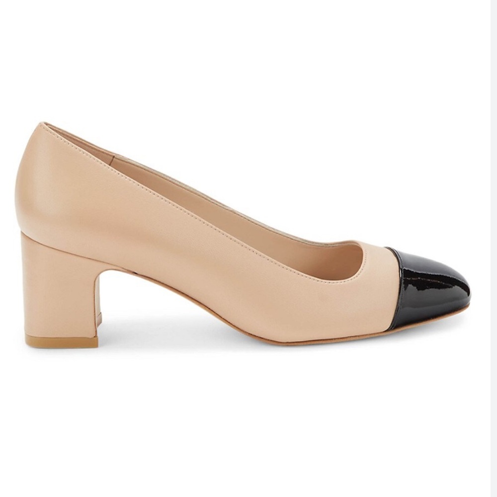 Stuart Weitzman Milla Pump Golden Beige and Black Patent Toe Cap Size 9.5